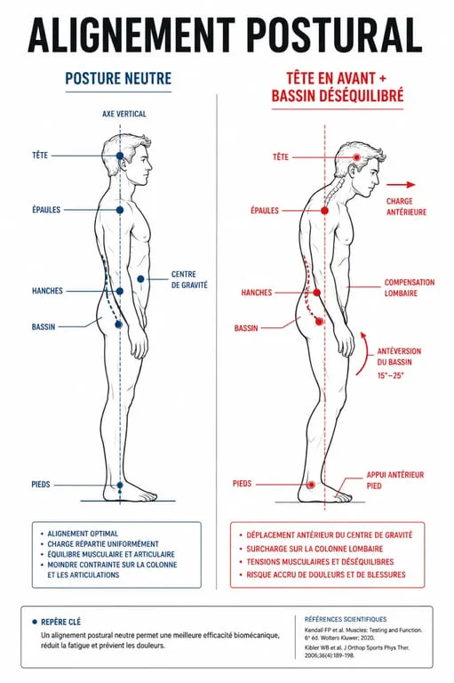 L'impact de la posture sur votre équilibre et vitalité globale : schéma de l’alignement tête-épaules-hanches