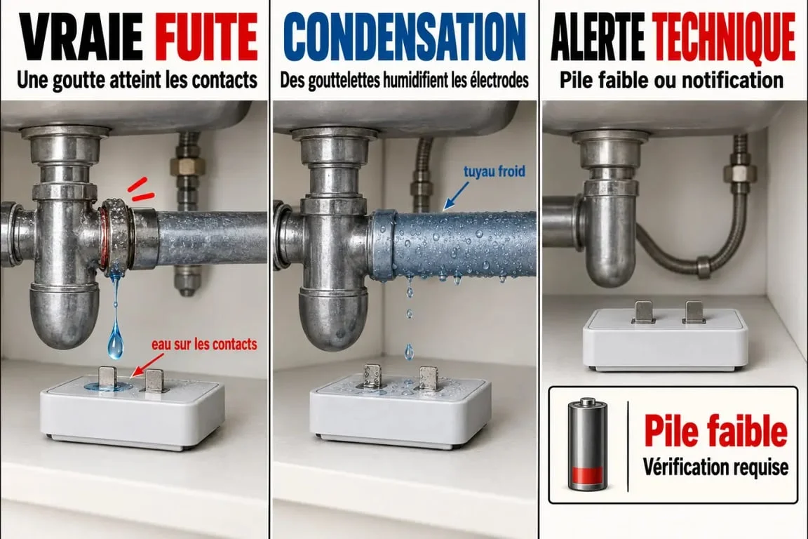 Schéma pour comprendre une fausse alarme de détecteur de fuite d'eau due à la condensation ou à une alerte technique