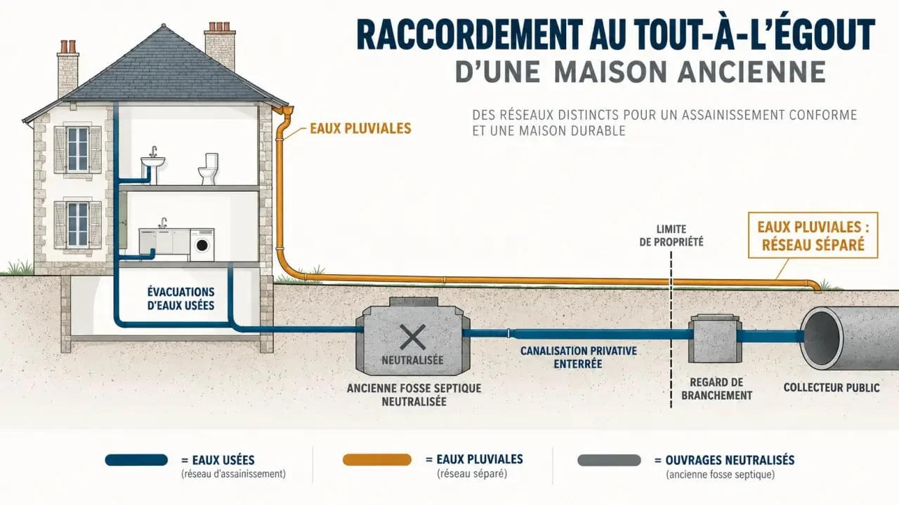 Schéma du raccordement tout-à-l’égout d’une maison ancienne avec fosse septique