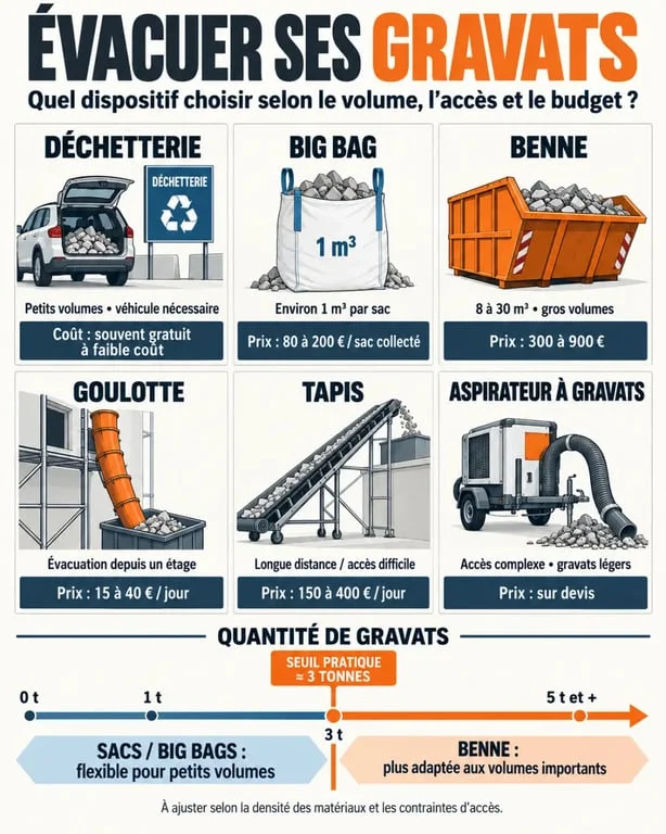 Évacuation gravats chantier : comparaison des solutions, prix et seuil entre big bag et benne