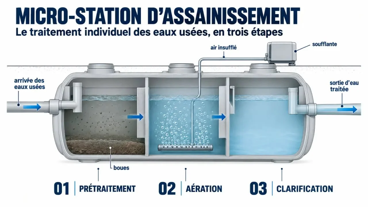 Schéma de fonctionnement d'une micro station assainissement en coupe