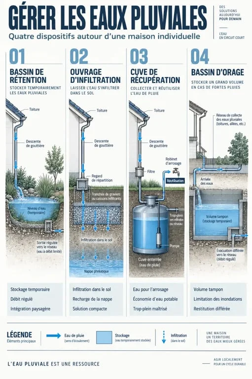 Comparaison bassin de rétention maison, ouvrage d'infiltration, cuve de récupération et bassin d'orage