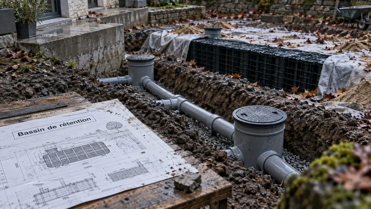 Illustration : Bassin de rétention maison : conformité du permis, débit de fuite et accès au chantier